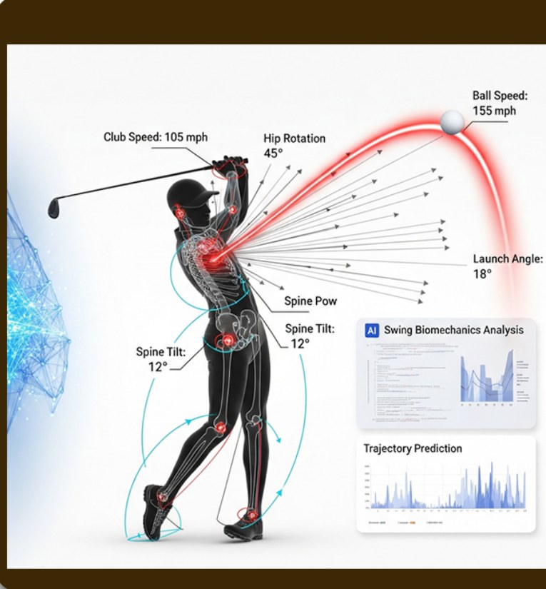 Swing biomechanics analysis with club speed, hip rotation, launch angle and ball speed overlays